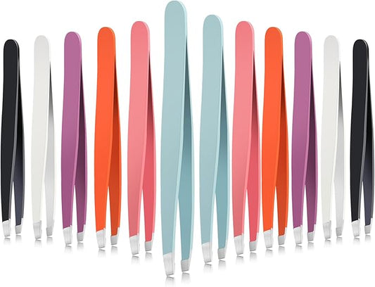 Mudder 12 Pcs Eyebrow Tweezers Set for Facial Hair Stainless Steel Slanted Tip Tweezers in Bulk for Men and Women (Multicolor)