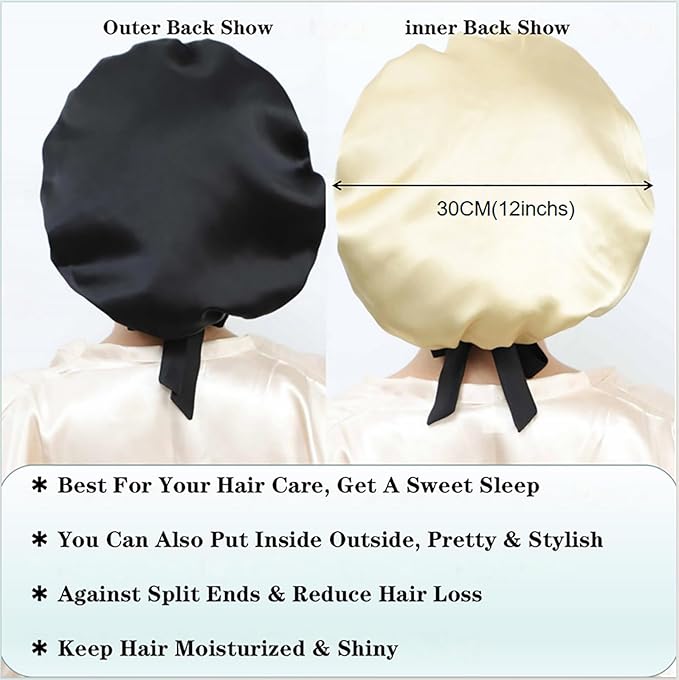 Cocheng 100% Mulberry Silk Bonnet Double-Sided Silk Sleep Cap with Adjustable Ribbon 19 Momme Bonnet for Sleeping(Black)