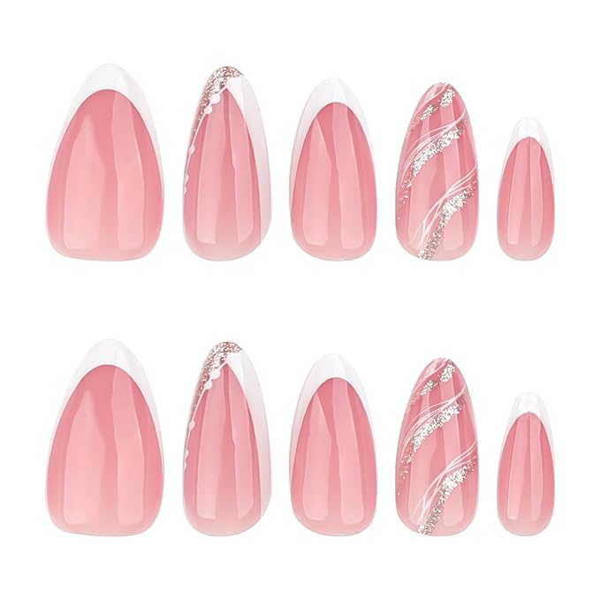 XZMeiLun White French Tip Press On Nails Short Almond, Rose Gold Tip Designer Reusable Acrylic Fake Nails with Glue On Nails, Glossy Soft Gel Nails Wedding and Party, Stick On Nails for Women Gift