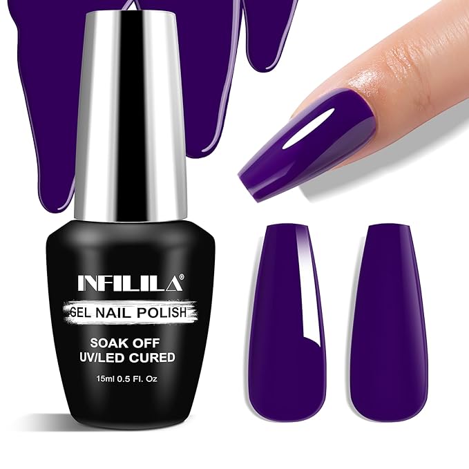 NXJ INFILILA Dark Purple Gel Nail Polish, 15ml Purple UV LED Gel Polish One-Stroke Coloring, Hema Free Lavender Color High Gloss Soak Off UV Manicure Salon DIY for Girls SQ191