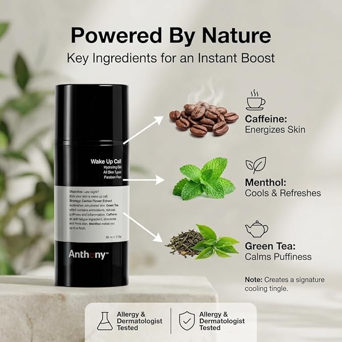 Anthony Wake Up Call, 3 Fl Oz, Face and Anti-Puffiness – Tired Skin Refresher & Moisturizer with Caffeine, Menthol, Green Tea, and Shea Butter
