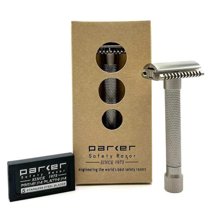 The Parker VARIANT OPEN COMB - ADJUSTABLE Double Edge Safety Razor, Customize your Shave with a Turn of the Dial from Mild to Aggressive - 5 Blades Included (SATIN CHROME)