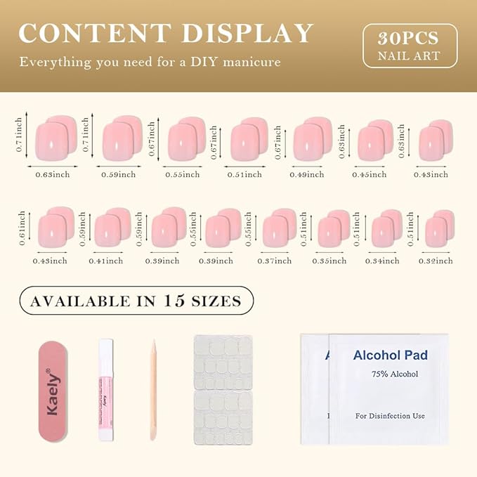 evpct Nude Pink Glossy Press on Nails Short Square, Glossy Pink Fake Nails Summer Reusable, Acrylic False Nail Stick on Press ons for Women Gifts, Durable Perfectly Fit False Nail Kit Gel 30Pcs