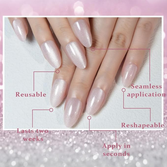 Cat Eye Press on Nails Almond Short, Cat Eye Stick on Nails Press on, Pearl White Nude Pink Glitter Short Almond Press Stick on Nail, Fake Nails Press ons with Kits, Reusable Acrylic Fake Nail Kit