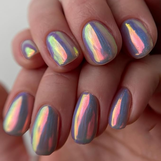 GLAMERMAID Blue Chrome Extra Short Press on Nails, Pearl Fake Nails Short Squoval, Glazed Handmade Jelly Gel Square Glue on Nails, Pure Purple Acrylic False Nails, Glossy Round Fake Nail for Women
