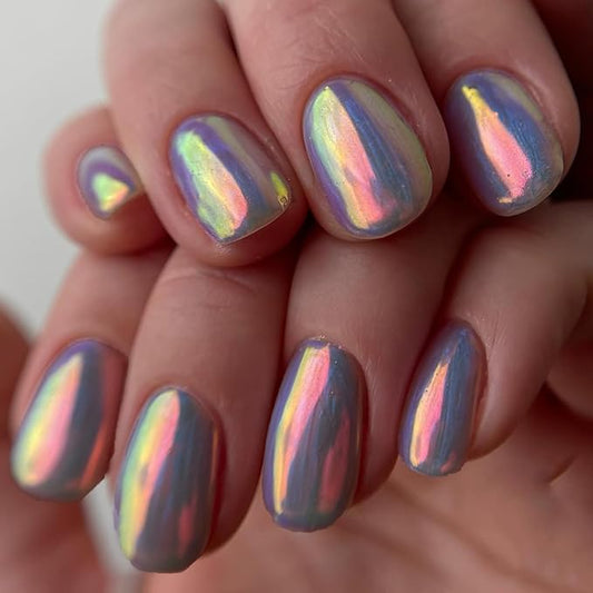 GLAMERMAID Blue Chrome Extra Short Press on Nails, Pearl Fake Nails Short Squoval, Glazed Handmade Jelly Gel Square Glue on Nails, Pure Purple Acrylic False Nails, Glossy Round Fake Nail for Women