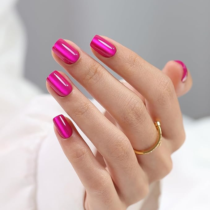 SHANGMENG Hot Pink Press on Nails Short - Cat Eye Press on Nails Square for Women Gift, Natural Fit & Glossy Stick on Nails in 16 Sizes - 32 Reusable Soft Gel Fake Nails with Glue, Hot Pink