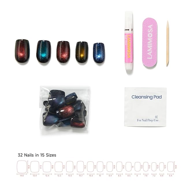LAMIMOSA 32Pcs Cat Eye Press On Nails Short Square, Soft Gel Fake Nails in 16 Sizes, Reusable Glue on Nails Kit, Handmade Cat Eye Finish, GALAXY