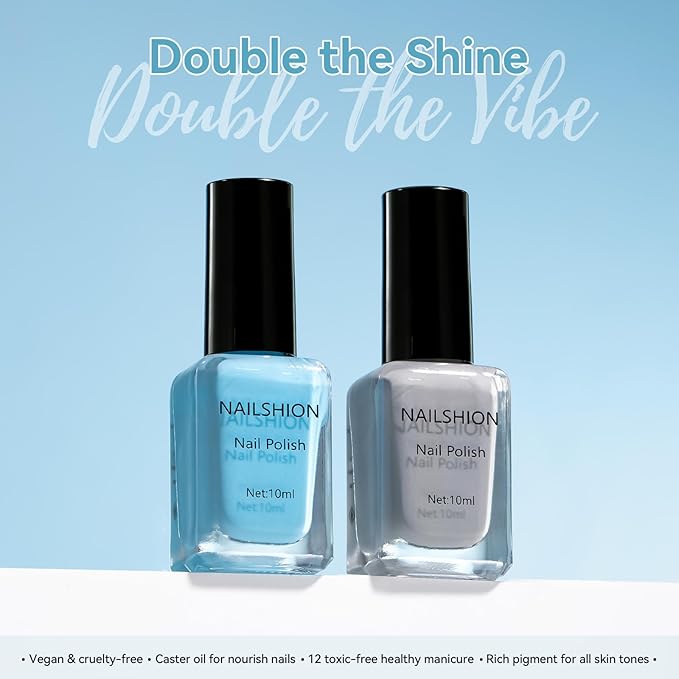 Nailshion Dusty Gray Blue Nail Polish, 2 Colors Fast Air Dry Fingernail Polish Duo, Light Blue, Non-Gel, Vegan, Opaque, Long-lasting Glossy Nail Art DIY Home Travel Manicure