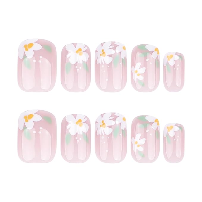 XZMeiLun Press On Nails Spring Summer Acrylic Nails for Women - Green White Flower Designer Fake Nails Short Square 24PCS, Outdoor Picnic/Wedding/Party Reusable Stick On Nails Gift