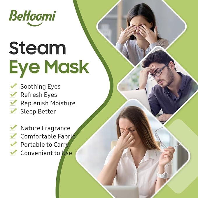 BeHoomi 20 Packs Steam Eye Mask, Heated Eye Mask Warm Compress for Eyes, Disposable Self Heating Steam Mask Sleep, Spa, Travel Essentials & Relaxation Gifts for Women, Stocking Stuffers (Green Tea)