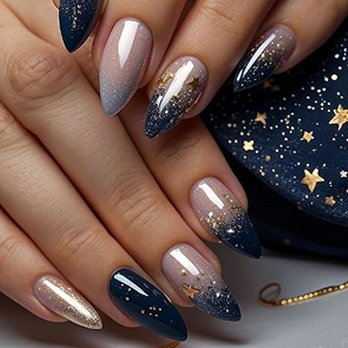 XZMeiLun Press On Nails Spring Acrylic Nails for Women - Starry sky Designer Fake Nails Medium Almond 24PCS, Glossy Soft Gel with Glue, Outdoor Picnic/Wedding/Party Reusable Stick On Nails Gift