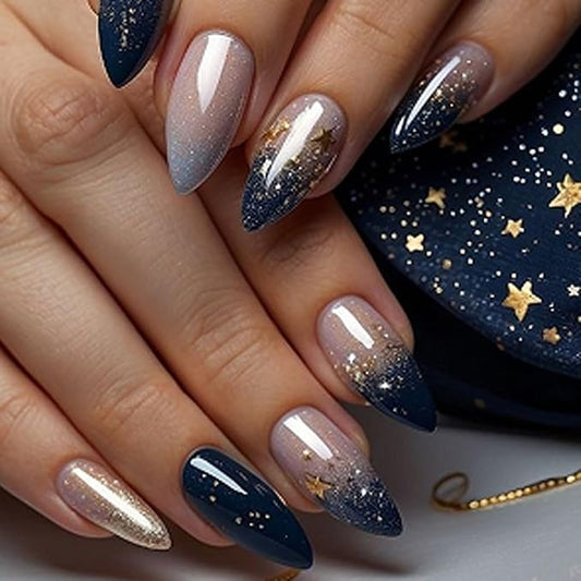 XZMeiLun Press On Nails Spring Acrylic Nails for Women - Starry sky Designer Fake Nails Medium Almond 24PCS, Glossy Soft Gel with Glue, Outdoor Picnic/Wedding/Party Reusable Stick On Nails Gift