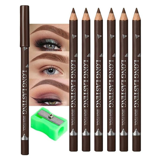 Brown Eyebrow Pencils for Women with Sharpener, 6Pcs Hard-Core Wooden Eye Brow Eye Liner Pencils for Beginner Makeup, Waterproof & Sweat-Proof