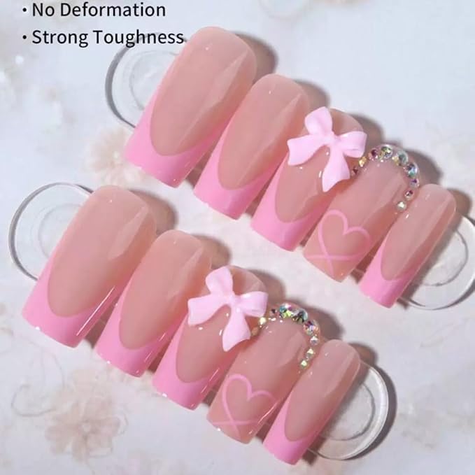 Pink French Tip Press on Nails - Medium Coffin Fake Nails with Bow Charms Design - Heart False Nails Press ons - for Women 24 Pcs