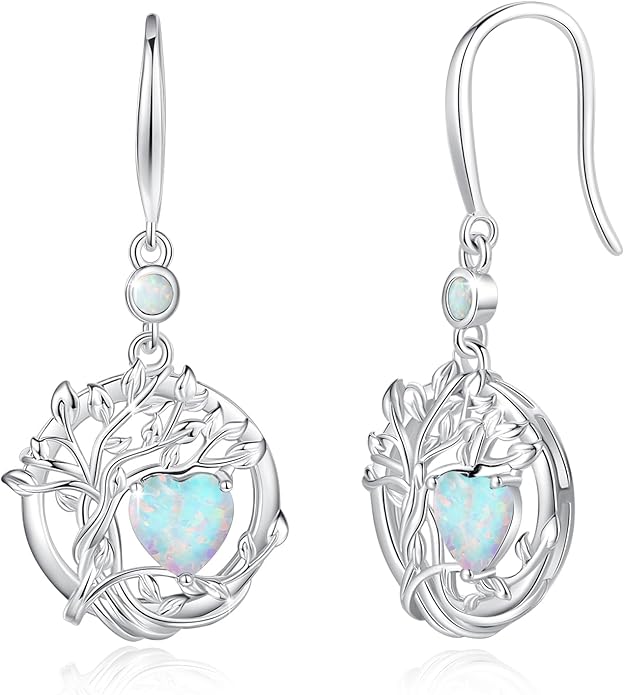 FANCIME Tree of Life Dangle Drop Earrings 925 Sterling Silver Dainty Round Gemstone Birthstone Earring Fine Jewelry Birthday Christmas Gifts for Her Women