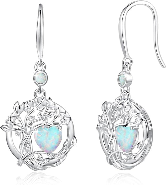 FANCIME Tree of Life Dangle Drop Earrings 925 Sterling Silver Dainty Round Gemstone Birthstone Earring Fine Jewelry Birthday Christmas Gifts for Her Women