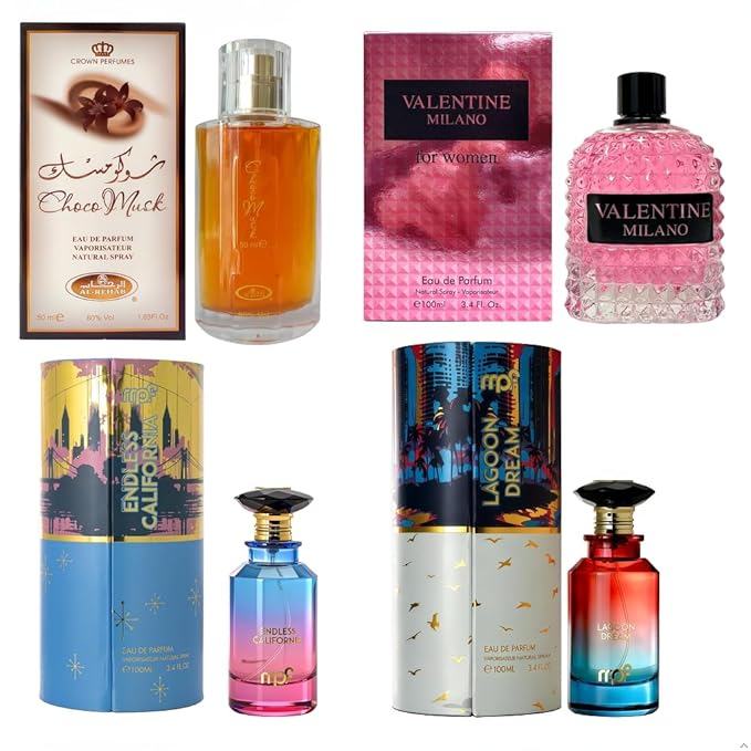 AFLUXE Women’s Perfume Set 4PCS Eau de Parfum for Women Long Lasting Womens Perfume Collection Combo Perfume A Choco Musk/Milano Women/Lagoon Dream/Endless California