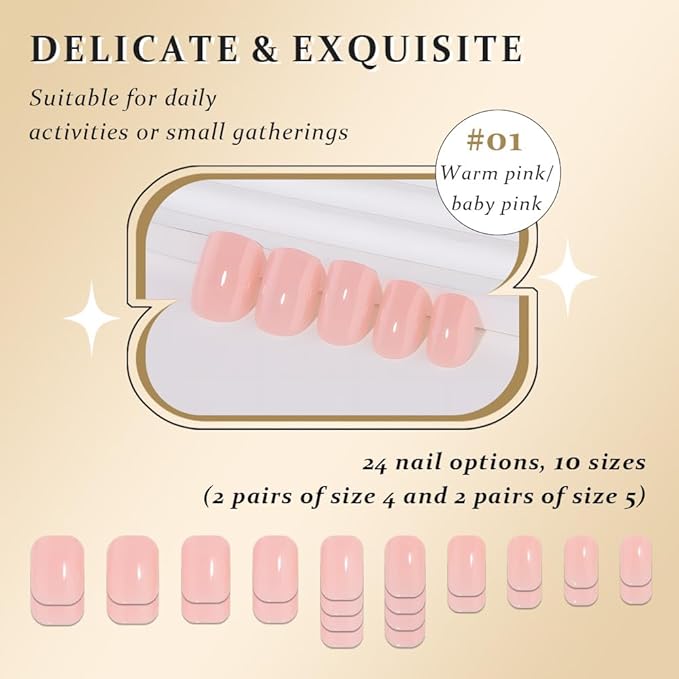 evpct Warm Pink Short Press on Nails Square, Glossy Soft Gel Acrylic Fake Press on Nails Manicure Kit, Reusable Artificial Stick on Nail for Women, Full Cover Easy Application Easy At-Home Salon