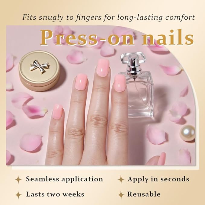 evpct Nude Pink Glossy Press on Nails Short Square, Glossy Pink Fake Nails Summer Reusable, Acrylic False Nail Stick on Press ons for Women Gifts, Durable Perfectly Fit False Nail Kit Gel 30Pcs