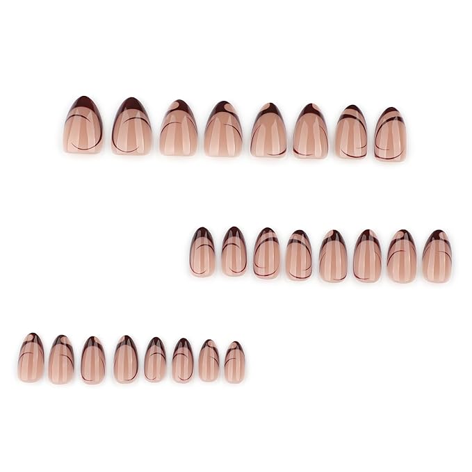 XZMeiLun Brown French Tip Press On Nails Acrylic for Women - Designer Fake Nails Short Almond 24PCS, Glossy Soft Gel with Glue, Outdoor Picnic/Wedding/Party Reusable Glue On Nails Stick On Nails Gift