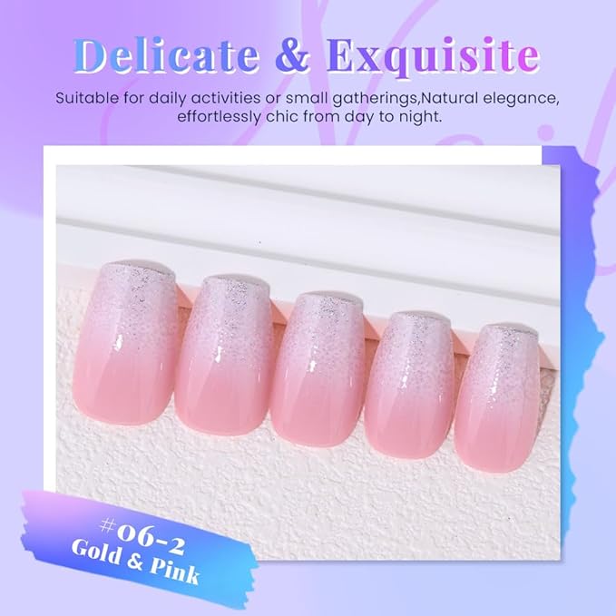 evpct Ombre Gold to Pink Press on Nails Short Coffin, Short Coffin Glossy Stick on Nails for Women Gift with Manicure Kit, Reusable Soft Gel Stick on Fake Nail with Ombre Designs Perfectly Fit