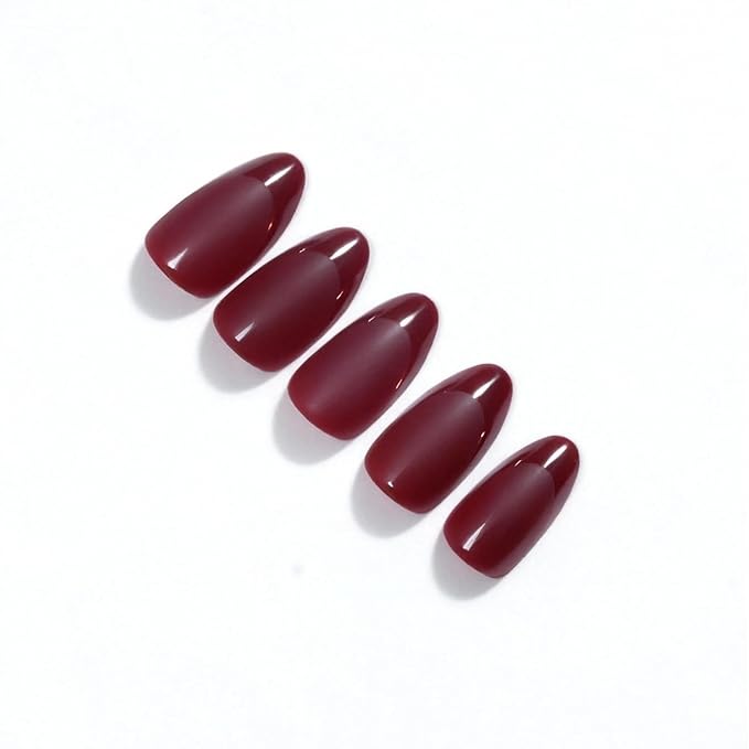 LAMIMOSA 32Pcs Burgundy Red French Tip False Nails - Short Almond Press on Nails kit with Glue, Soft Gel Fake Nails in 16 Sizes, Reusable Stick on Nails kit, RED HEELS