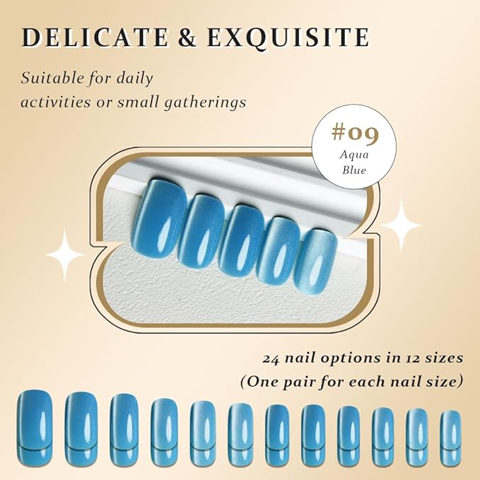 Aqua Blue Cat Eye Press on Nails Medium Square, Medium Square Press Stick on Nails Chrome for Women Gift, Aqua Blue Holographic Glitter Glossy Reusable Gel Acrylic Fake Nail with Designs Cateye Effect