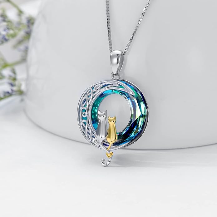 TOUPOP Cat Gifts for Cat Lovers One Two Three Four Cats Necklace Sterling Silver Cats on the Moon Pendant Necklace with Blue Circle Crystal Birthday Christmas Celtic Jewelry Gifts for Women