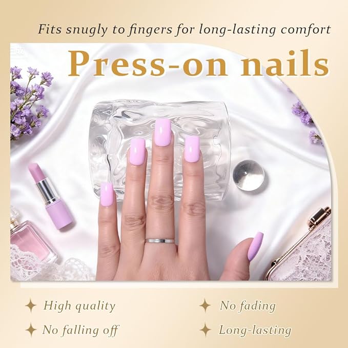 evpct Orchid Pink Short Square Glossy Press on Nails for Women Gift, Glossy Orchid Pink Fake Nail with Kits Manicure Kit, Soft Gel Full Cover Reusable Stick on Acrylic False Nails Perfectly Fit