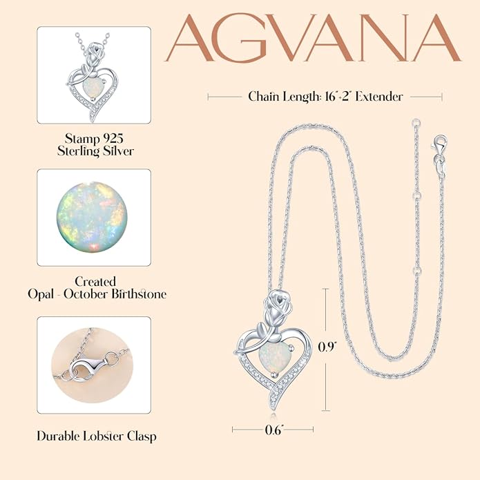AGVANA Christmas Gifts Rosy Reverie Birthstone Necklace for Women Sterling Silver Genuine or Created Gemstone Rose Flower Heart Pendant Necklace Anniversary Birthday Gifts for Women Mom Wife Her