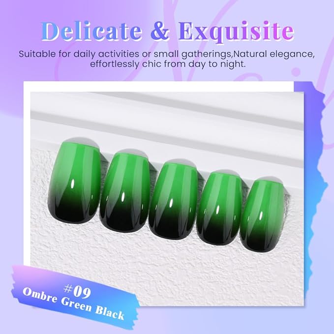 evpct Ombre Green to Black Press on Nails Short Coffin, Short Coffin Glossy Stick on Nail for Women Gift with Manicure Kit, Reusable Soft Gel Stick on Fake Nail with Glitter Designs Perfectly Fit