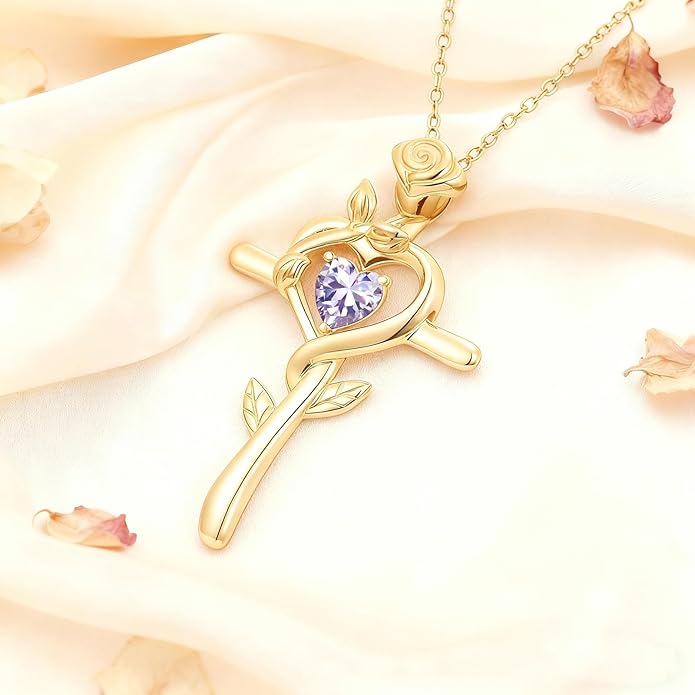 Midari 18K Yellow Gold Cross Pendant Rose Birthstone Necklaces for Women Christian Cross Jewelry with 12 Months Birthstone Birthday Gifts for Wife Her Daughter Mom