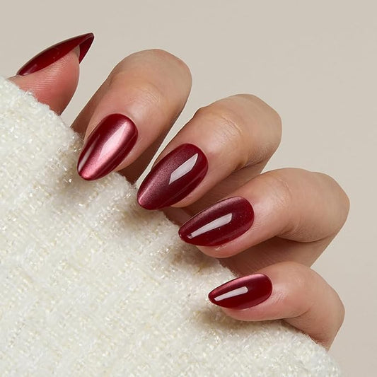 LAMIMOSA 32Pcs Burgundy Red Cat Eye Press On Nails Short Almond – Soft Gel Fake Nails kit in 16 Sizes, Reusable Glue on Nails, SPARKLING RED