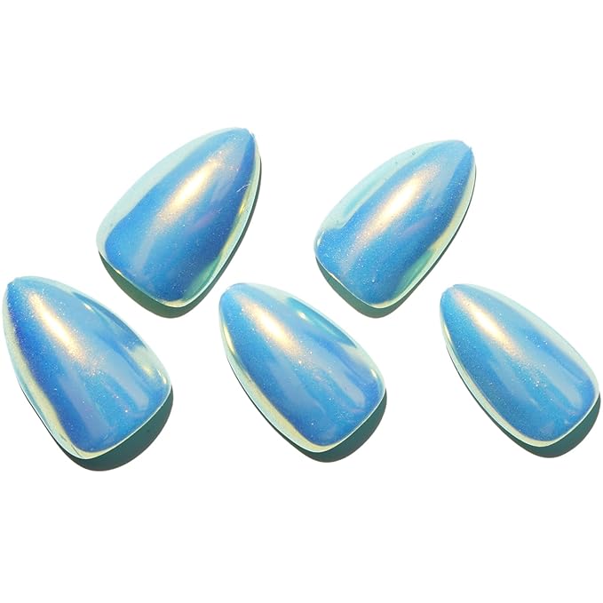 GLAMERMAID Light Blue Mermaid Chrome Press On Nails Short Almond, Golden Donut Glazed Handmade Soft Jelly Gel Fake Nails, Round Oval Stick Glue on Nails Kit for Women, Reusable Acrylic False Nail Set