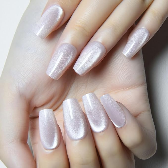 evpct Pearl White Nude Cat Eye Coffin Press on Nails Square Medium, Stick on Nail Medium Square for Women Gift, Pearl Metallic Glitter Glossy Reusable Soft Gel Press on Acrylic Fake Nail with Designs