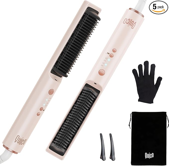 Quico Hair Straightener Brush, 100-240V Dual Voltage Ionic Straightener Brush for Women, Ceramic Travel Hair Straightener Comb, Electric Hot Comb Flat Iron, Auto Temp Lock & Auto-Off Function, Pink