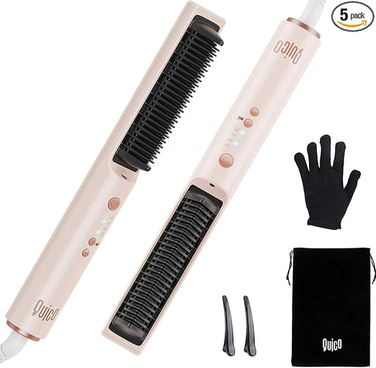 Quico Hair Straightener Brush, 100-240V Dual Voltage Ionic Straightener Brush for Women, Ceramic Travel Hair Straightener Comb, Electric Hot Comb Flat Iron, Auto Temp Lock & Auto-Off Function, Pink