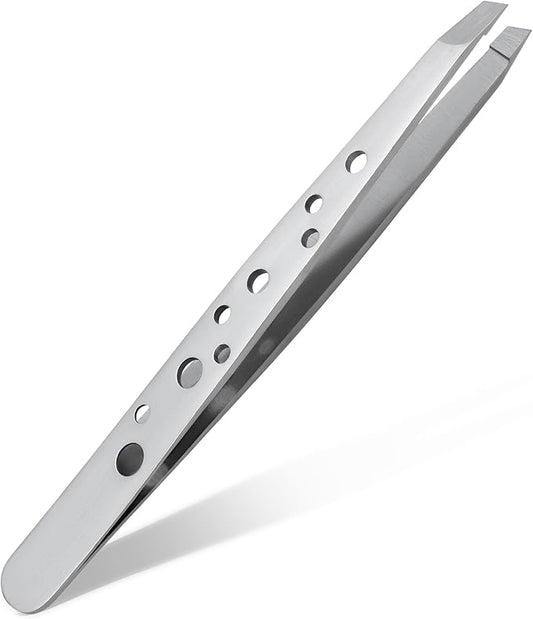 Premium Slant Tip Tweezers – Handmade Japanese Stainless Steel, Ultra-Precise Hair Removal Tool for Brows, Ingrowns & Splinters – Ergonomic 9-Hole Grip, Professional Salon Quality (Classic Silver)
