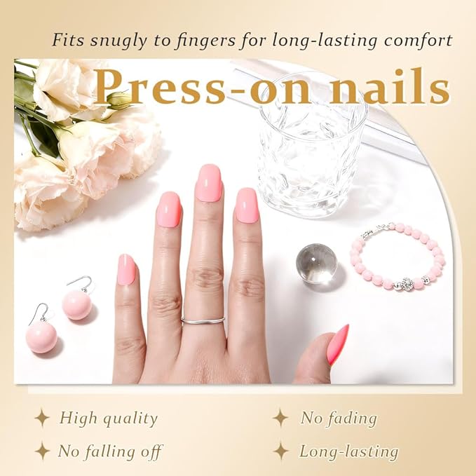 evpct Peach Pink Medium Oval Glossy Press on Nails for Women Gift, Glossy Peach Pink Fake Nail with Kits Manicure Kit, Soft Gel Full Cover Reusable Stick on Soft Acrylic False Nails Perfectly Fit