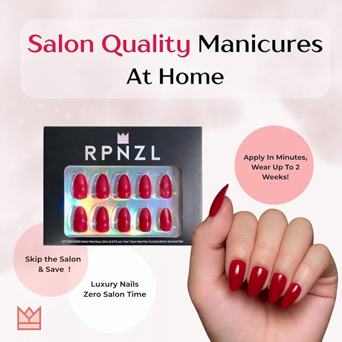 RPNZL Press On Nails - Cherry Bomb | Opaque Bright Red Medium Almond Fake Nails, Salon Quality - 32 Nails, 16 Sizes Kit with Glue and Adhesive Tabs I Female Founded