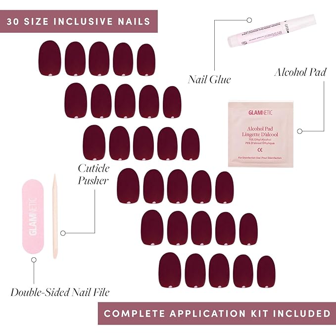 Glamnetic Press On Nails - Berry Maroon | Opaque Dark Red Maroon Short Round Fake Nails, Salon Quality | 12 Sizes - 30 Nail Kit