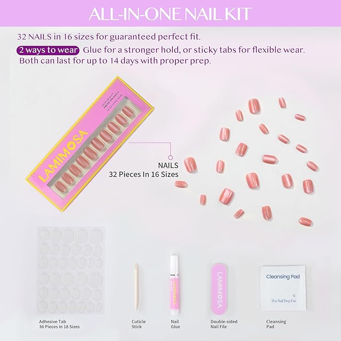 LAMIMOSA 32Pcs Peach Cat Eye Press On Nails Short Square – Soft Gel Fake Nails in 16 Sizes, Reusable Glue on Nail kit, Sparkling Rosè