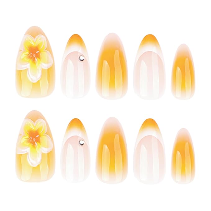 24pcs Yellow Press on Nails Medium Almond Fake Nails 3D Flower Nail Art with Short Almond-Shaped French Nails, for Women and Girls Graduation Balls Parties Dates Wear