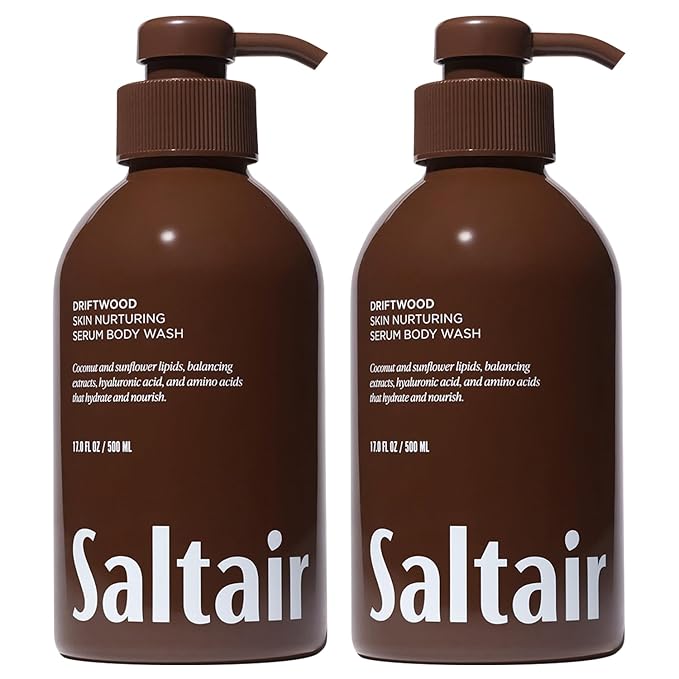 Saltair Body Wash, Driftwood 2-Pack. Moisturizing Body Cleanser with Hyaluronic Acid - Luxury Shower Gel for Women and Men. Vegan, Cruelty-Free, Paraben-Free. 2x 17oz Pump Bottles