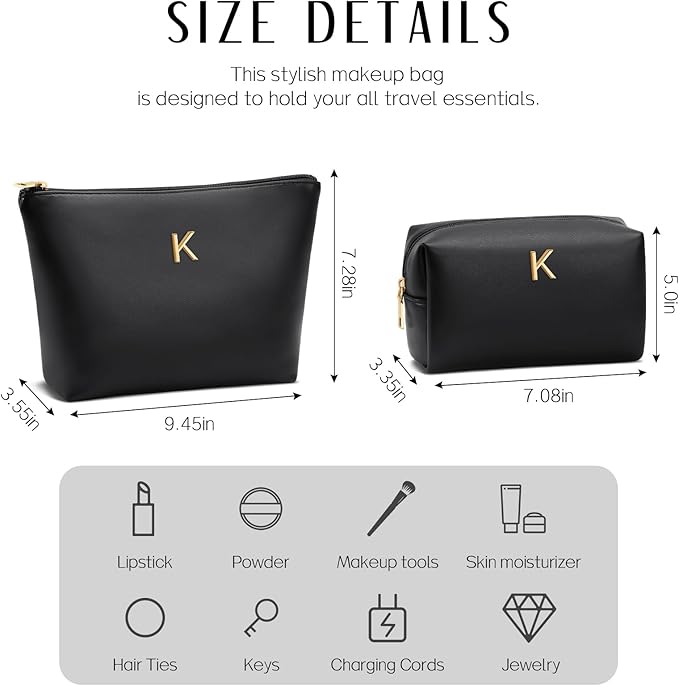 Valentine's Day Gifts for Women Girlfriend Initial Makeup Bag for Teen Girls Personalized Gifts for Friend Teacher Mom Wife Cosmetic Travel Toiletry Bag(Black,K)