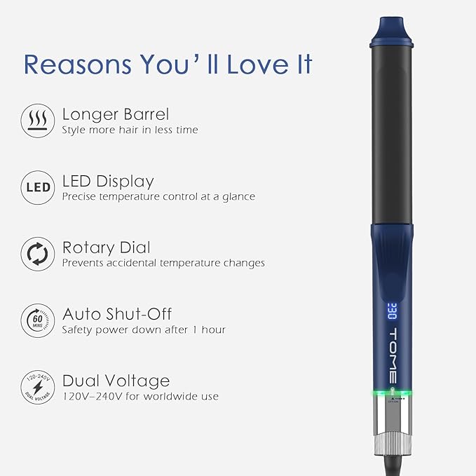 1.25 Inch Oval Curling Iron with Clamp, 6-Level Dial Temp Control 180–450℉, Tourmaline Ceramic, Fast PTC Heating, 100–240V Dual Voltage Long Barrel Curler