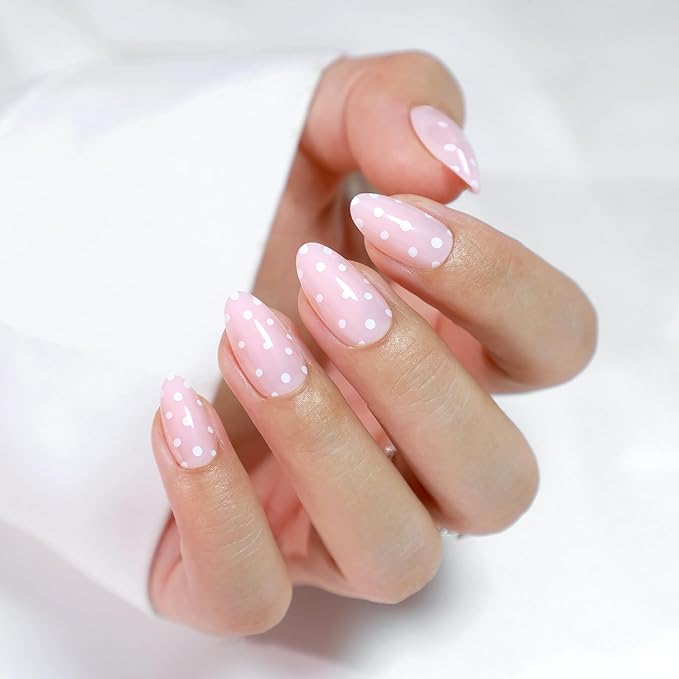 RPNZL Press On Nails - Sugar | Pink Polka Dot UV Finish Almond Nails, Reusable Salon Quality | 32 Nails, 16 Sizes Kit with Glue and Adhesive Tabs I Female Founded