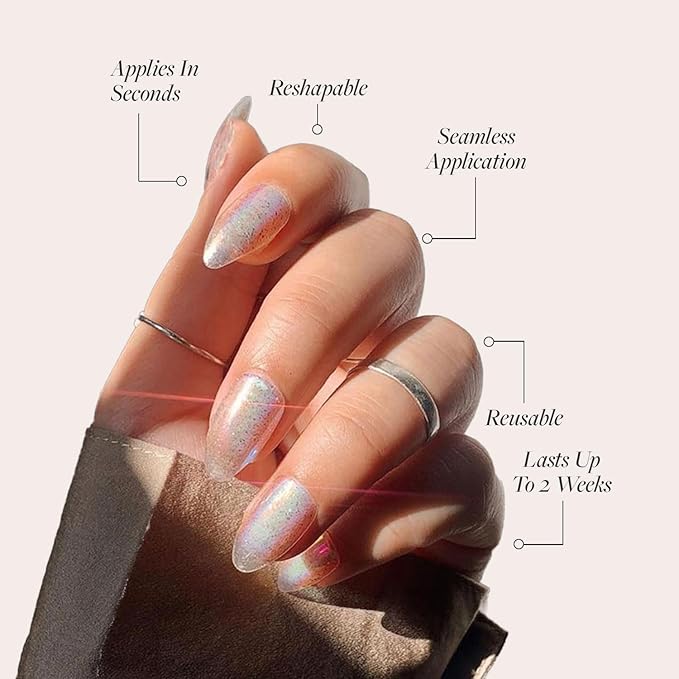 Glamnetic Press On Nails - Stardust | Medium Pointed Almond, Holographic Fake Nails, Salon Quality | 15 Sizes - 30 Nail Kit with Glue