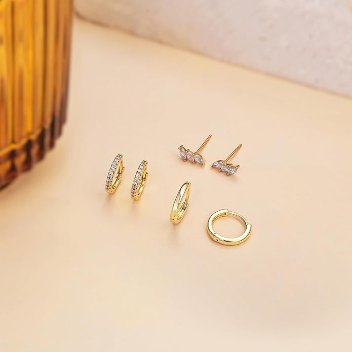 Freekiss 3 Pairs Gold Hoop Earrings Set: Dainty Stud Earrings Trendy Small 14K Gold Plated Hypoallergenic Dangle Cartilage Huggie Hoop Earrings for Women Gold Jewelry for Women Gifts